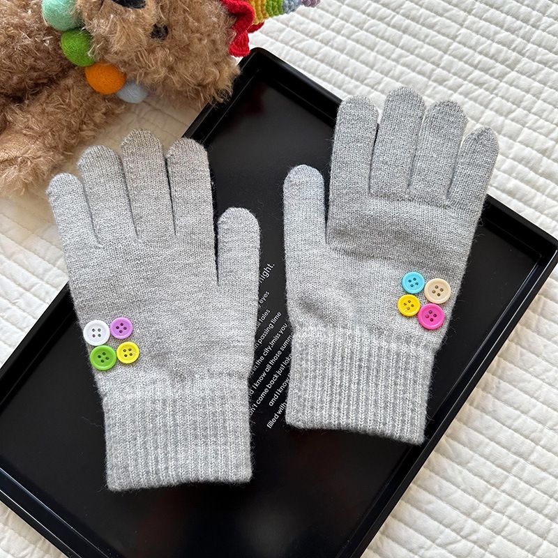Fashion Grey Colorful Button Wool Knitted Five-finger Gloves