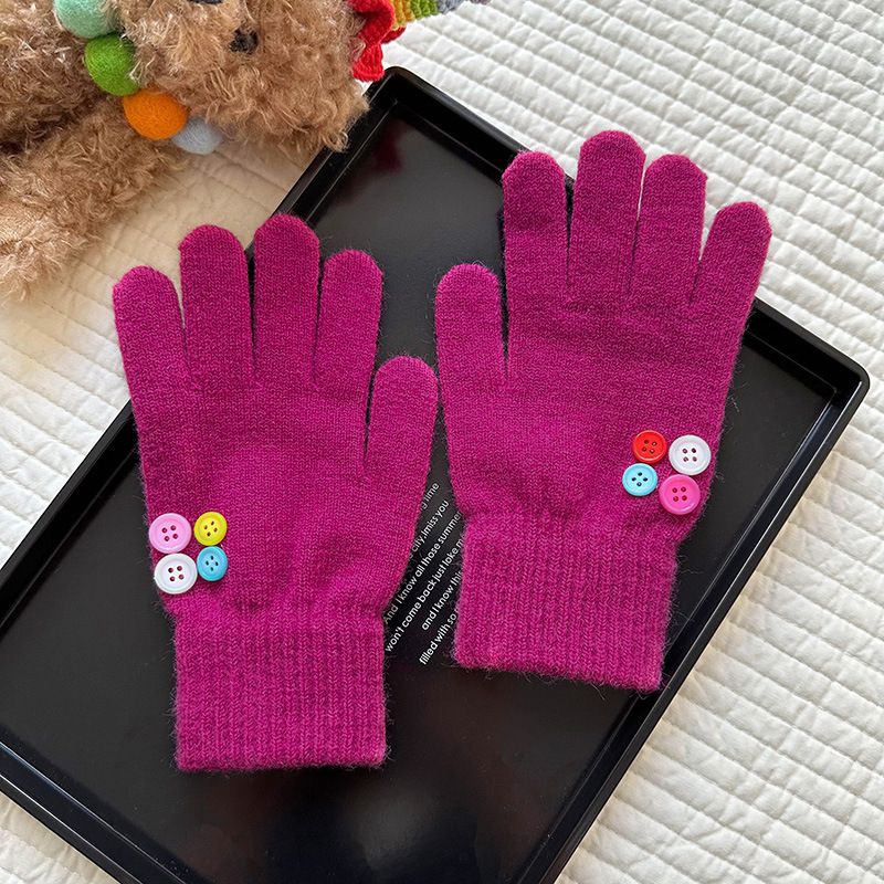 Fashion Ebony Color Colorful Button Wool Knitted Five-finger Gloves