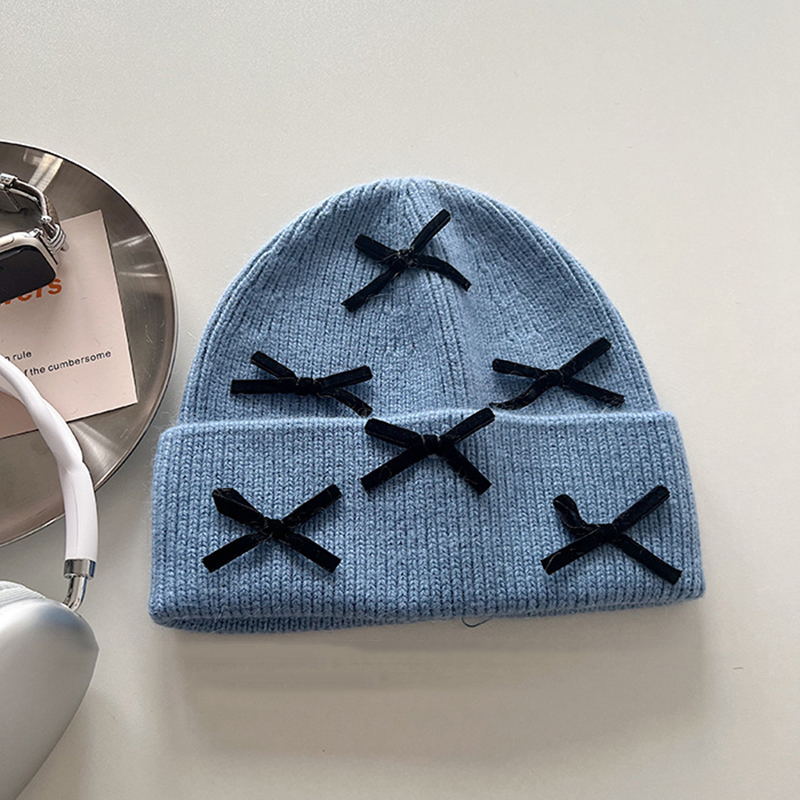 Fashion Blue—hat Acrylic Knitted Bow Beanie