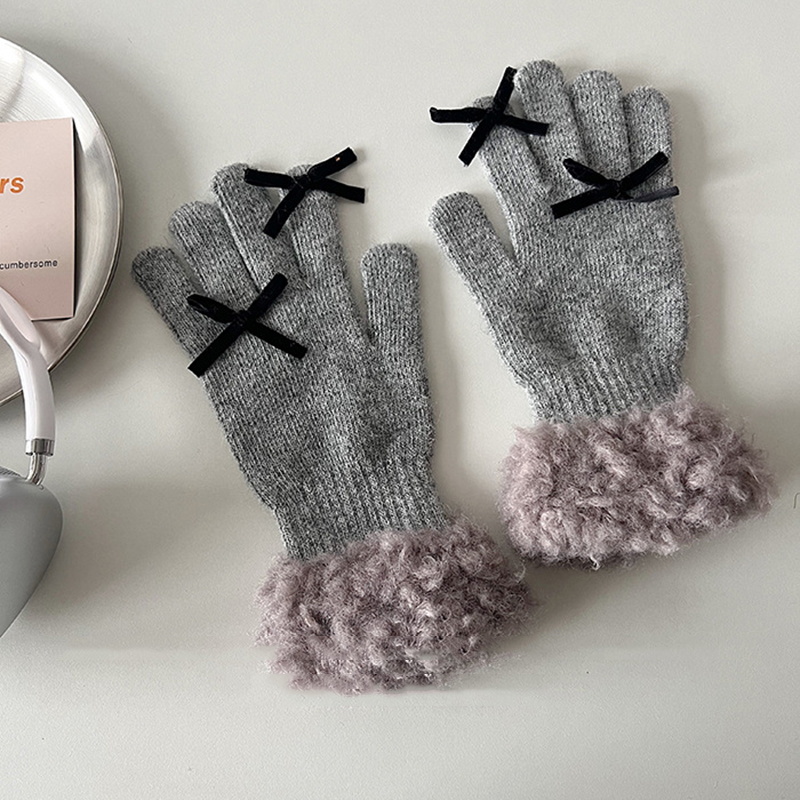 Fashion Gray—gloves Acrylic Knitted Bow Five-finger Gloves