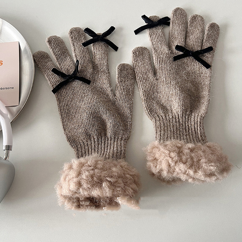 Fashion Mocha Color—gloves Acrylic Knitted Bow Five-finger Gloves