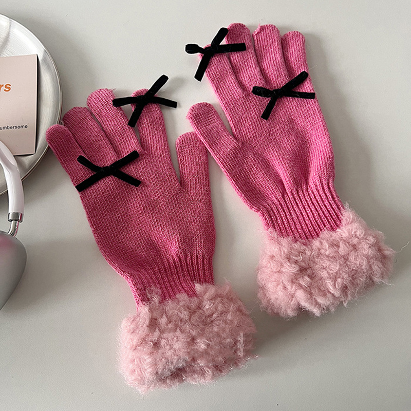 Fashion Rose Pink—gloves Acrylic Knitted Bow Five-finger Gloves