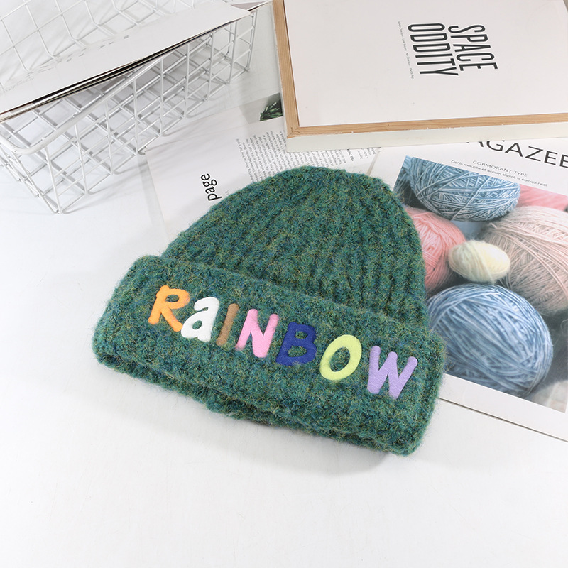 Fashion Green Rainbow Letter Knitted Beanie
