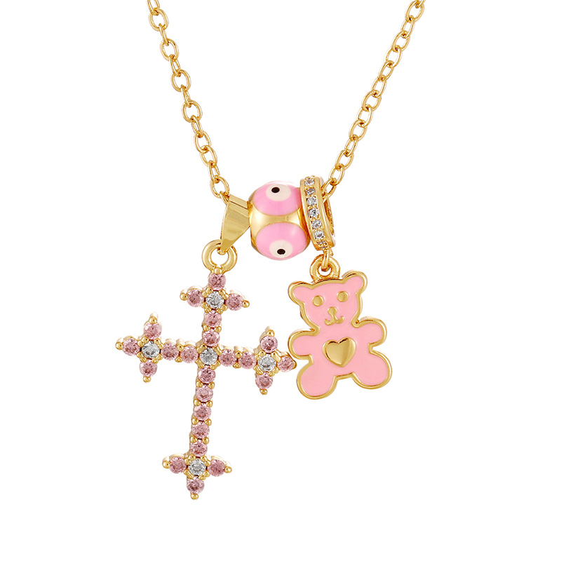 Fashion Pink Copper Set Zircon Cross Oil Dripping Eyes Bear Pendant Necklace