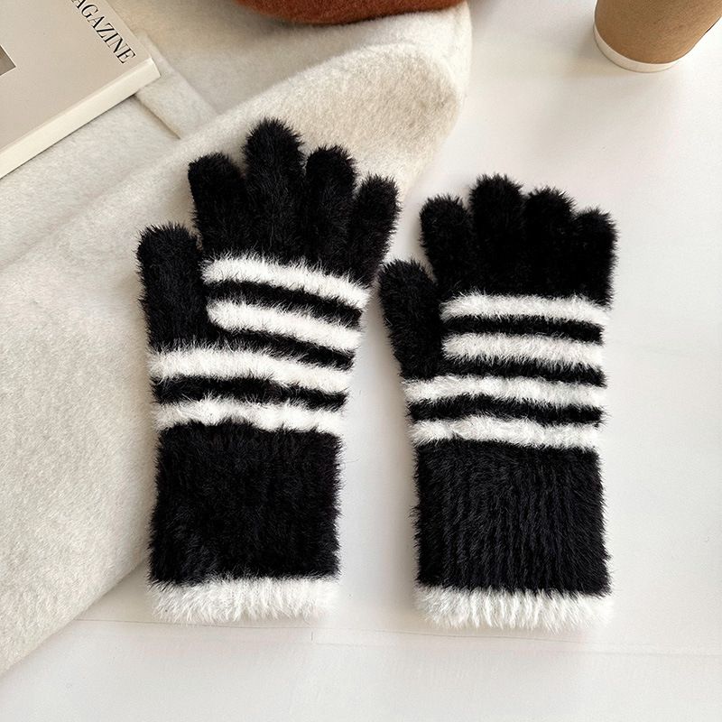 Fashion Black Striped Plush Knitted Five-finger Gloves