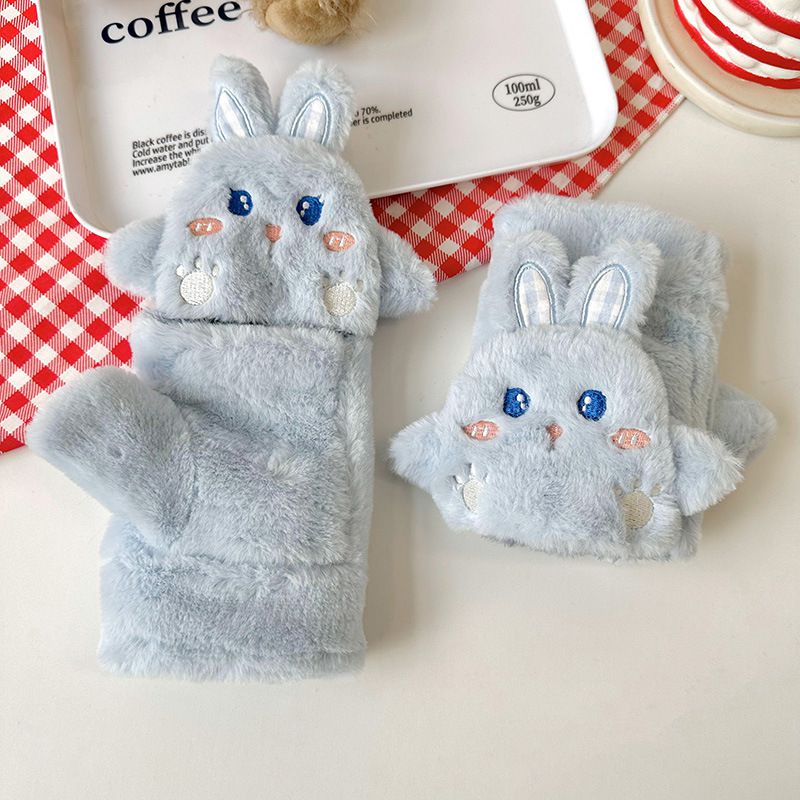 Fashion Blue Plush Rabbit Half Finger Flip Gloves
