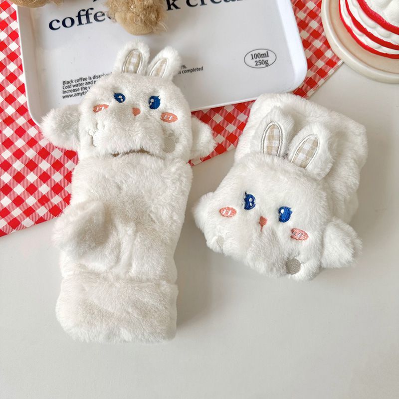 Fashion Milky White Plush Rabbit Half Finger Flip Gloves