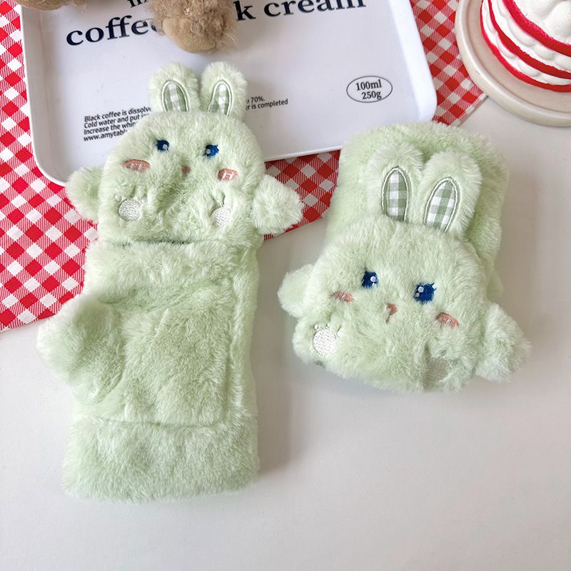 Fashion Fresh Green Plush Rabbit Half Finger Flip Gloves