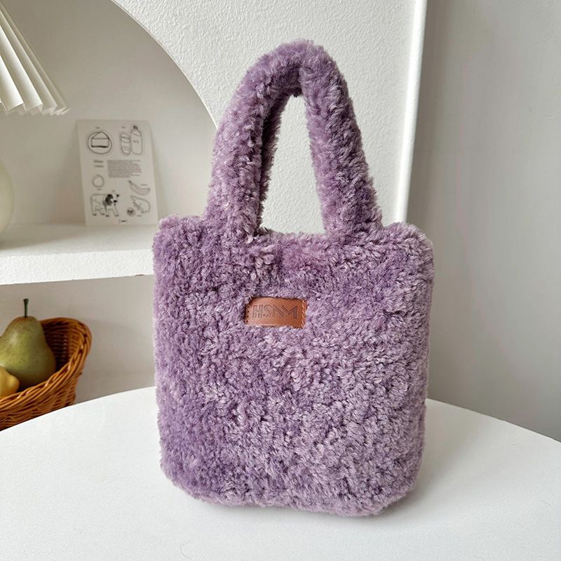 Fashion Purple Lambswool Large Capacity Handbag With Label