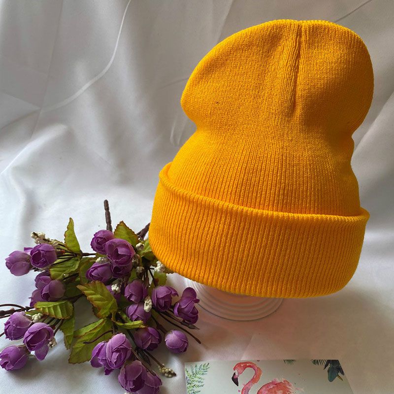 Fashion Golden Yellow Acrylic Knitted Embroidered Beanie
