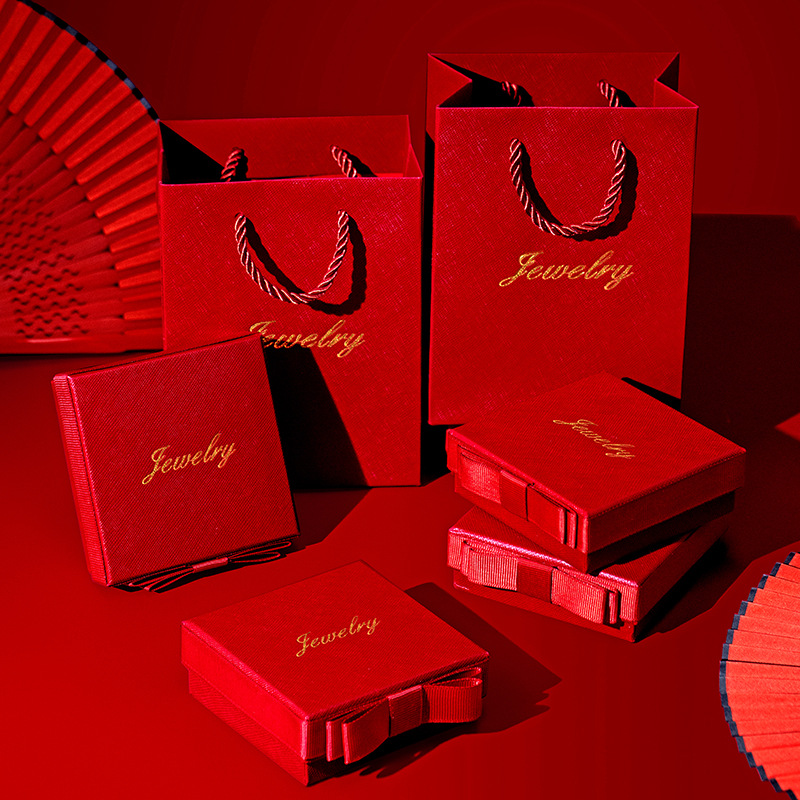 Fashion Red Bow Gift Box (with Red Handbag) Square Jewelry Packaging Box + Handbag