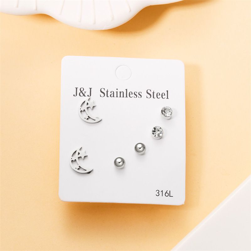 Fashion White K#20 Moon Stars Stainless Steel Geometric Earring Set
