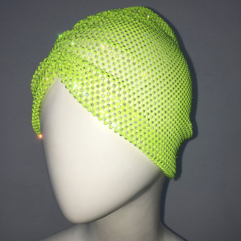 Fashion Green Hat Rhinestone Pleated Stretch Dome Hat