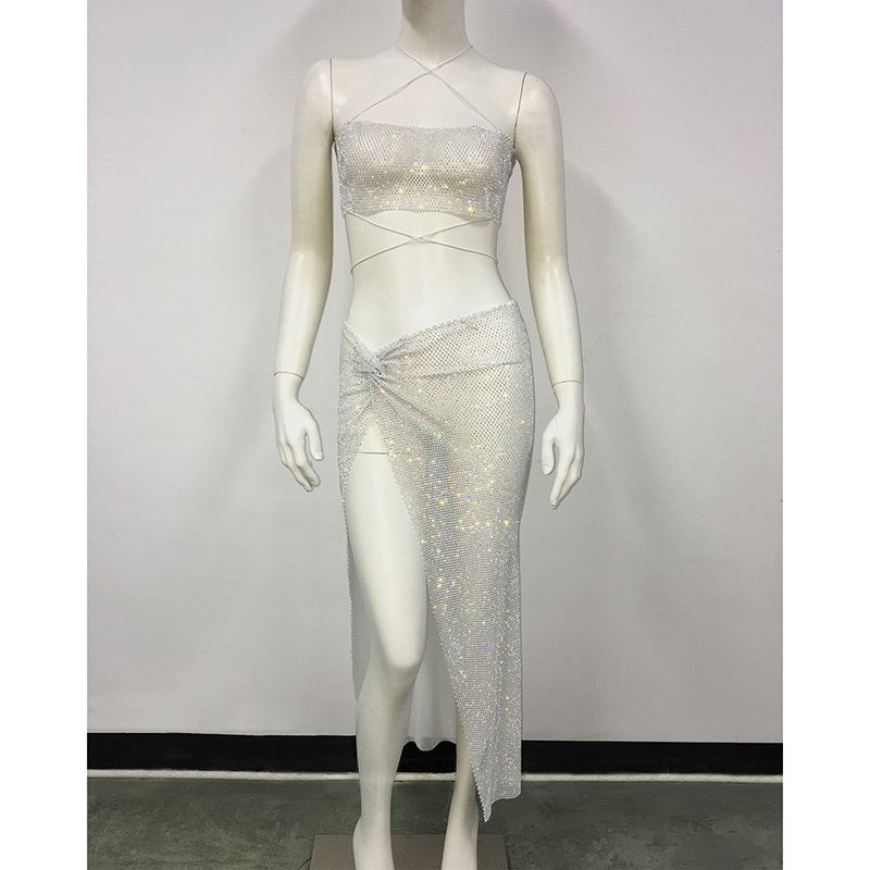 Fashion White Rhinestone Fishnet Strap Slit Skirt Suit