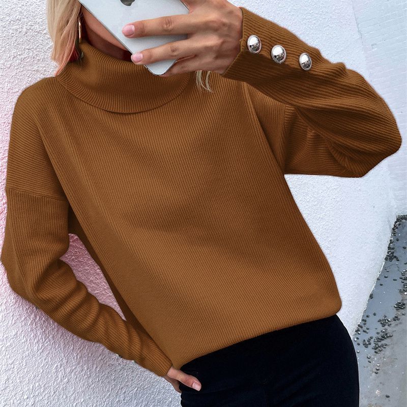 Fashion Brown Polyester Knitted Turtleneck Button-up Sweater