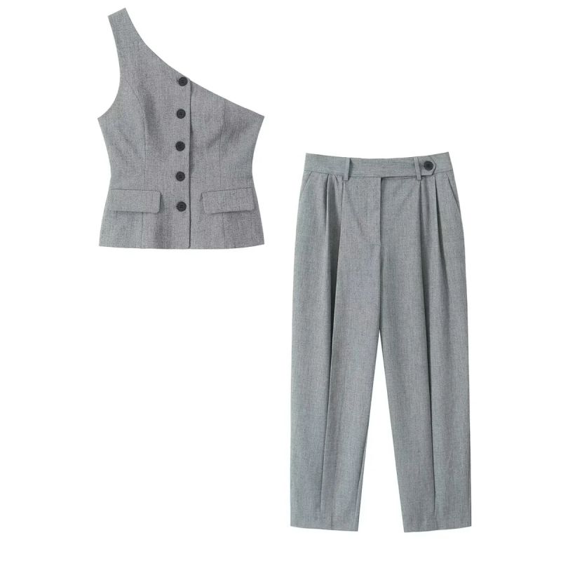 Fashion Grey Polyester Button-down Vest And Pleated Trousers Suit