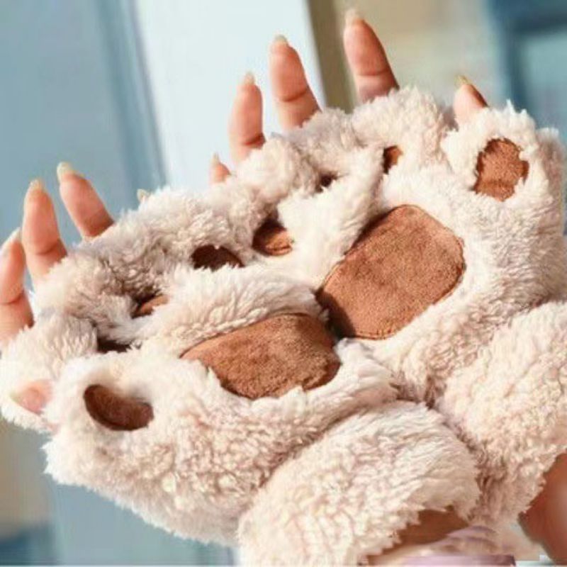 Fashion Off White Cotton Plush Cat Claw Half Finger Gloves