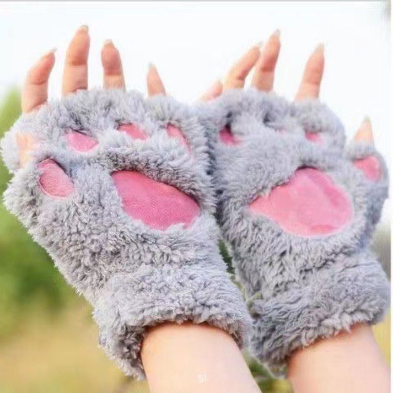Fashion Grey Cotton Plush Cat Claw Half Finger Gloves