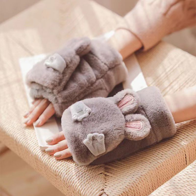 Fashion Grey Plush Cartoon Rabbit Flip Half Finger Gloves