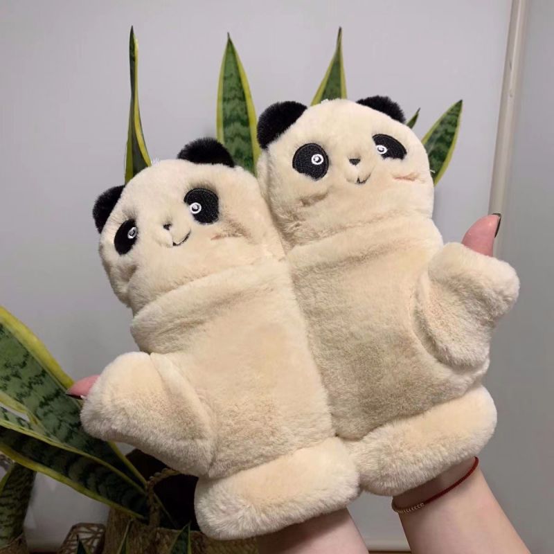 Fashion Khaki Plush Panda Flip Half Finger Gloves