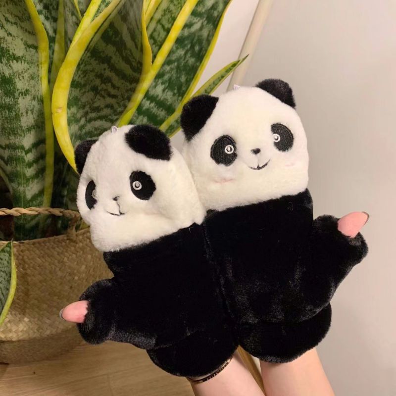 Fashion Black Plush Panda Flip Half Finger Gloves