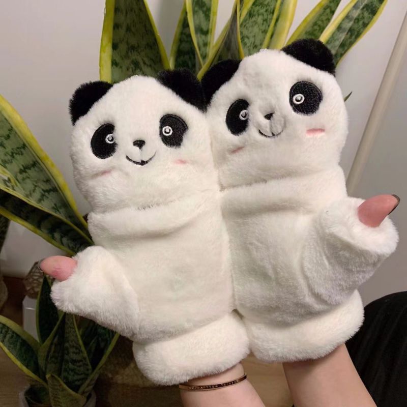Fashion White Plush Panda Flip Half Finger Gloves