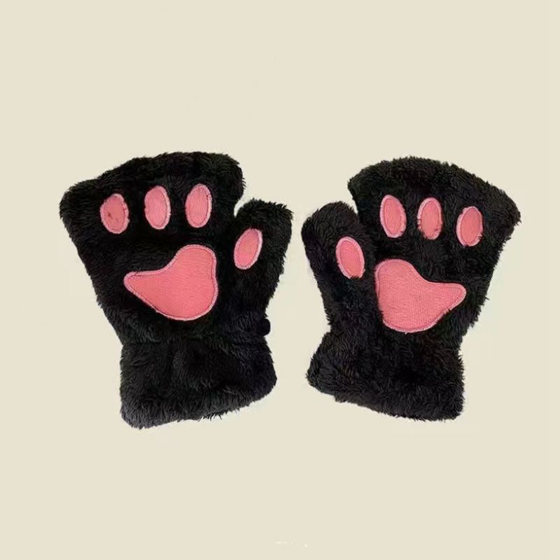 Fashion Black Rabbit Fur Cat Claw Half Finger Gloves