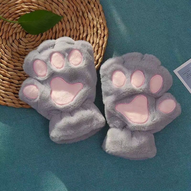 Fashion Grey Rabbit Fur Cat Claw Half Finger Gloves