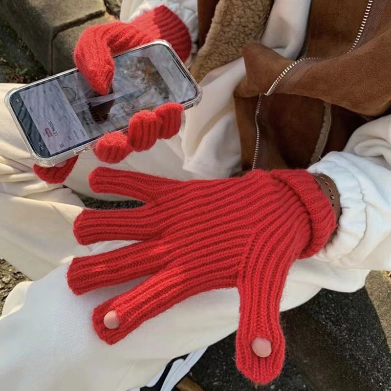 Fashion Christmas Red (one Pack) Solid Color Knitted Five-finger Gloves