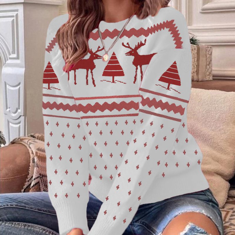 Fashion White Christmas Print Crew Neck Pullover Sweater