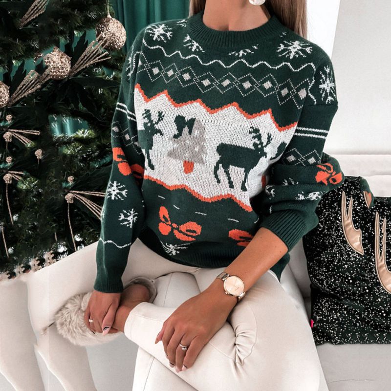 Fashion Green Christmas Print Crew Neck Pullover Sweater