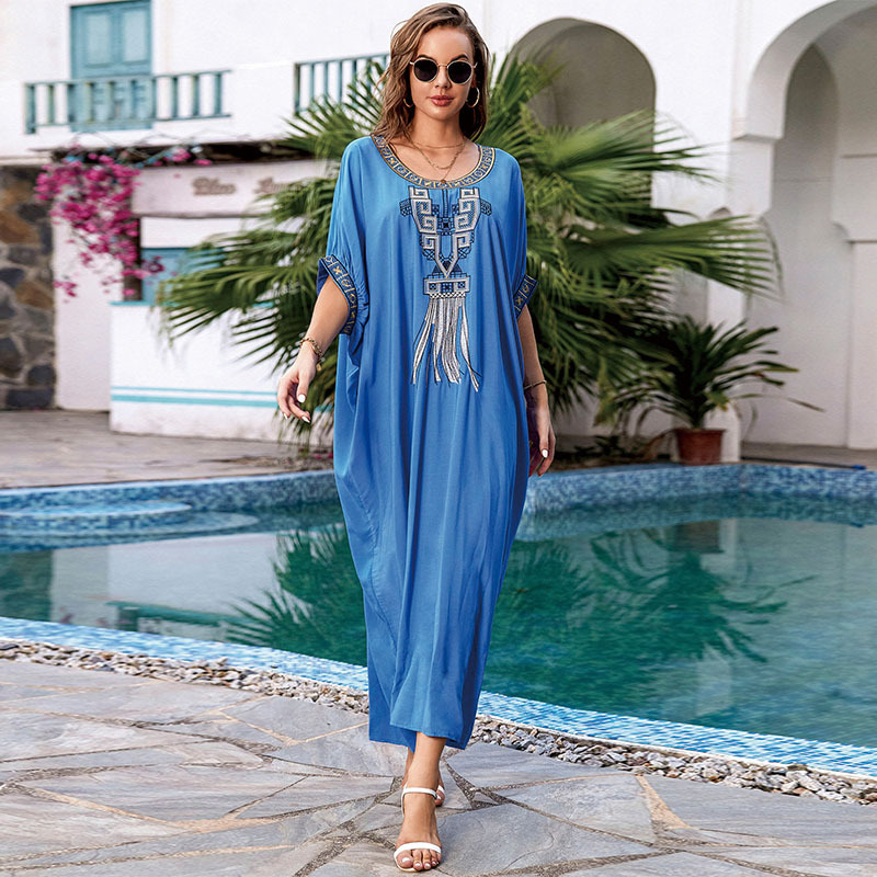 Fashion Blue Cotton Embroidered Long Skirt