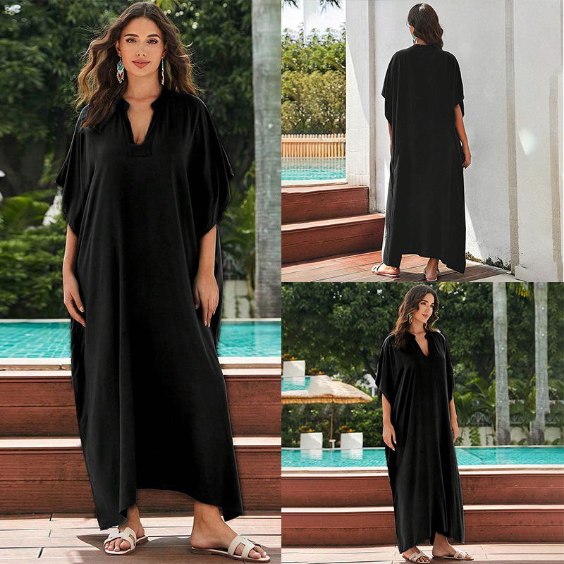 Fashion Black Cotton V-neck Long Skirt With Irregular Hem