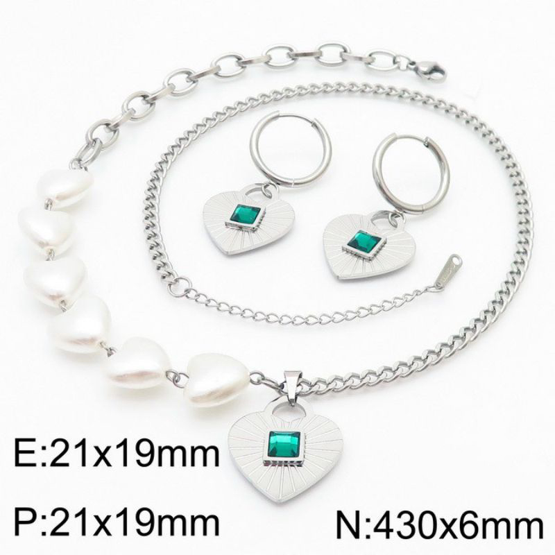 Fashion Steel Color Suit Titanium Steel Diamond Love Earrings Spliced Chain Necklace Set