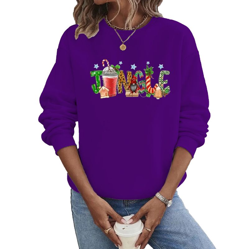 Fashion Purple Polyester Printed Round Neck Long Sleeve Sweatshirt