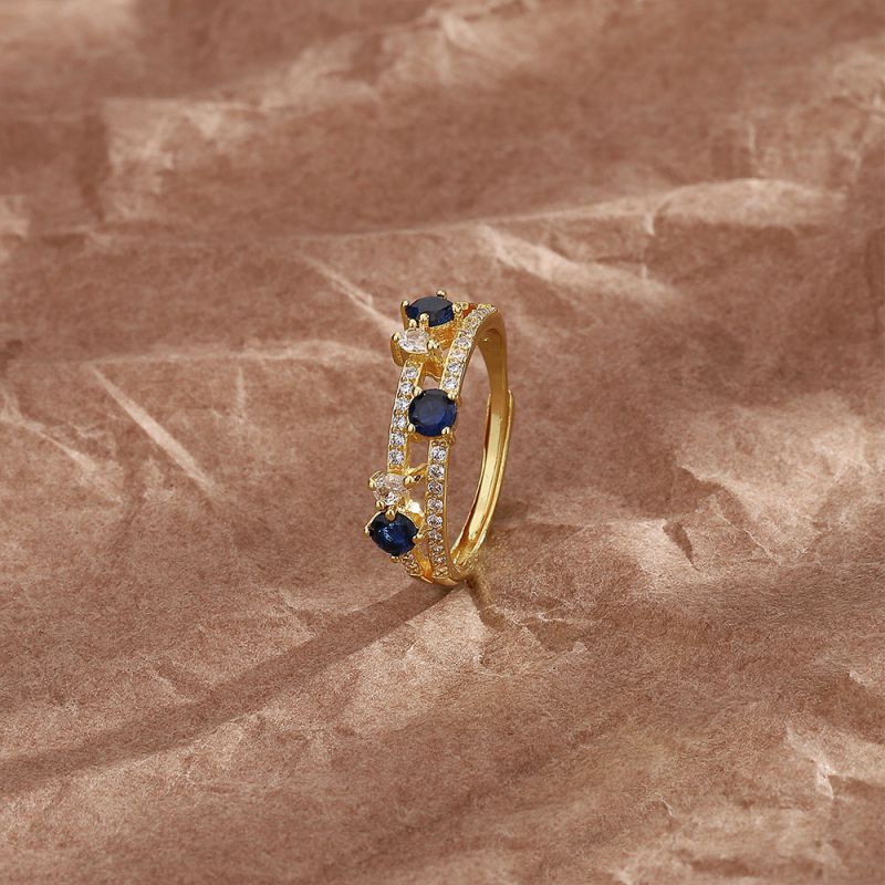 Fashion Yellow Gold Double Blue Diamond Ring Copper And Diamond Geometric Hollow Ring