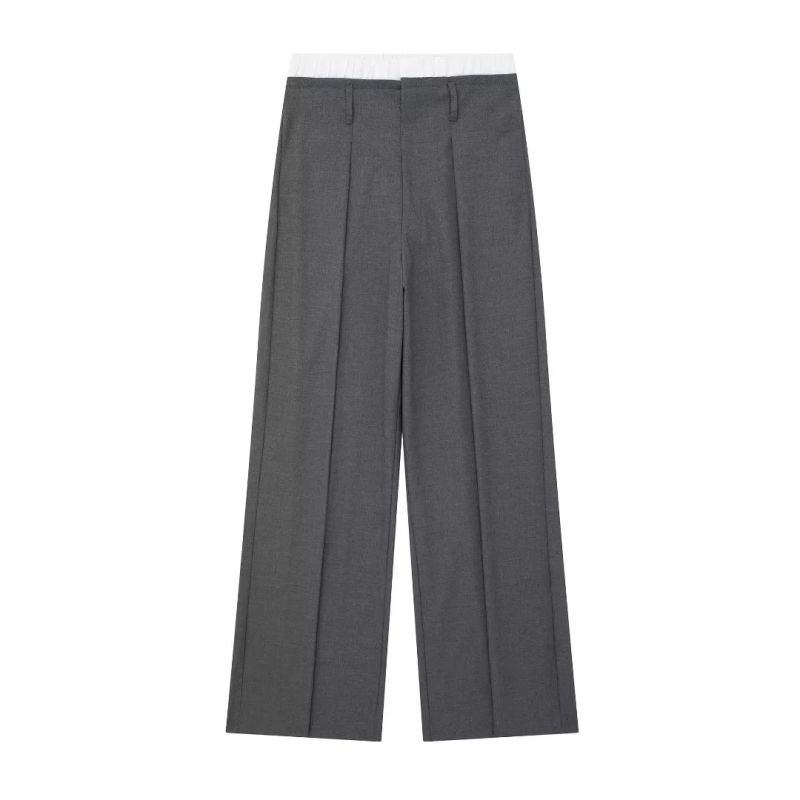 Fashion Grey Blended Micro-pleated Straight-leg Trousers