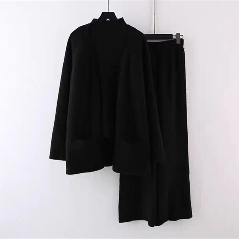 Fashion Black Spandex Knitted Cardigan Stand-up Collar Sweater Wide-leg Pants Three-piece Set