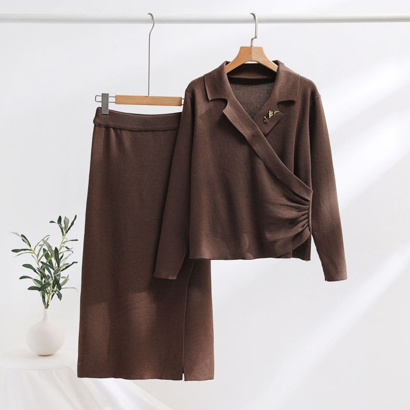 Fashion Chocolate Color Spandex Knit Lapel Tie-embellished Shirt Skirt Suit