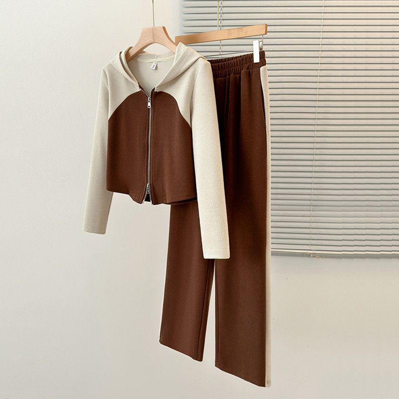 Fashion Brown Contrast Color Patchwork Hooded Jacket Straight-leg Floor-length Mopping Pants Two-piece Set