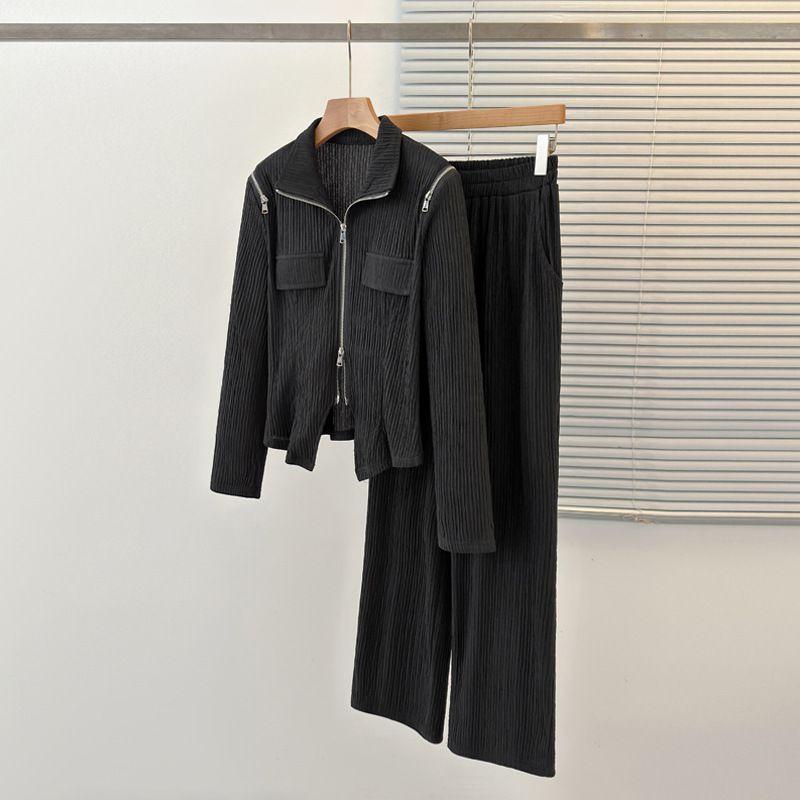 Fashion Black Spandex Knitted Zipper Jacket Straight Trousers