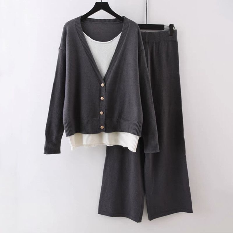 Fashion Grey Spandex Fake Two Piece Knitted Cardigan Wide Leg Pants Suit