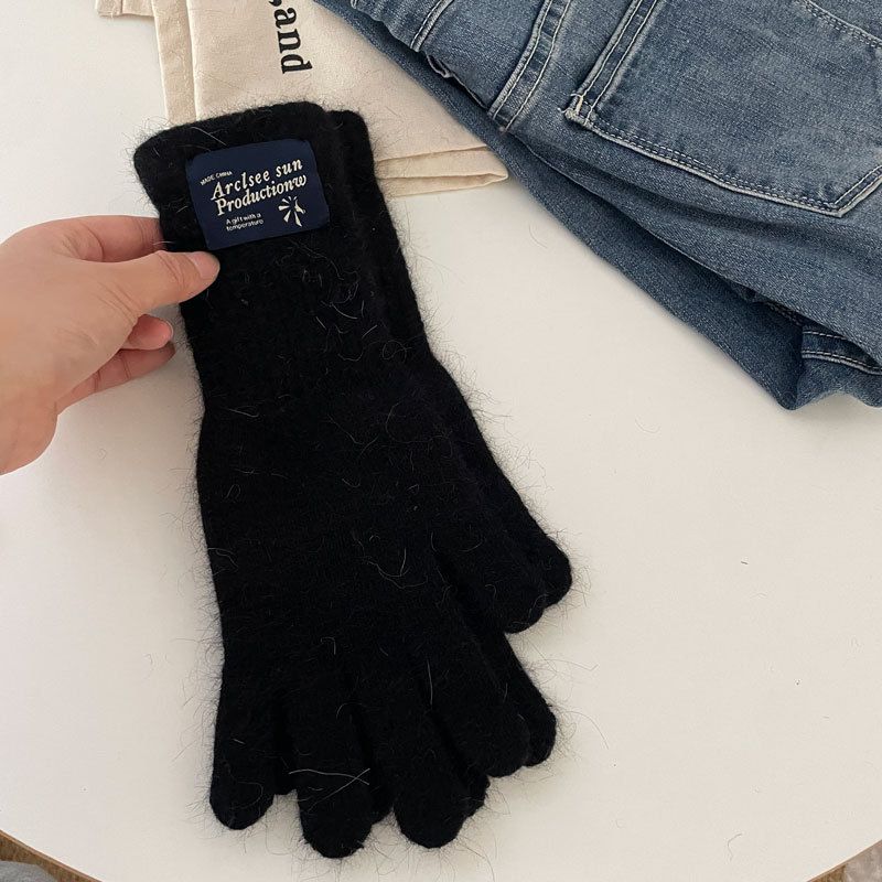 Fashion Black Blended Knit Patch Five-finger Gloves