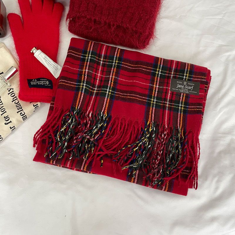 Fashion Red Black Label Plaid Acrylic Knitted Plaid Patch Scarf