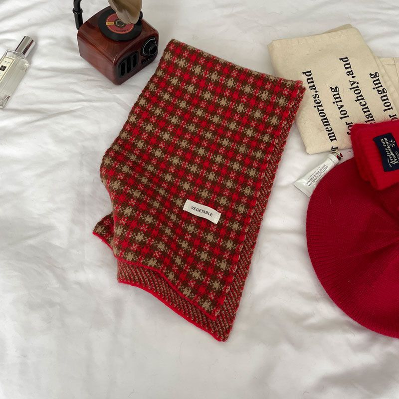 Fashion Literary Retro Color Grid Red Acrylic Knitted Plaid Patch Scarf