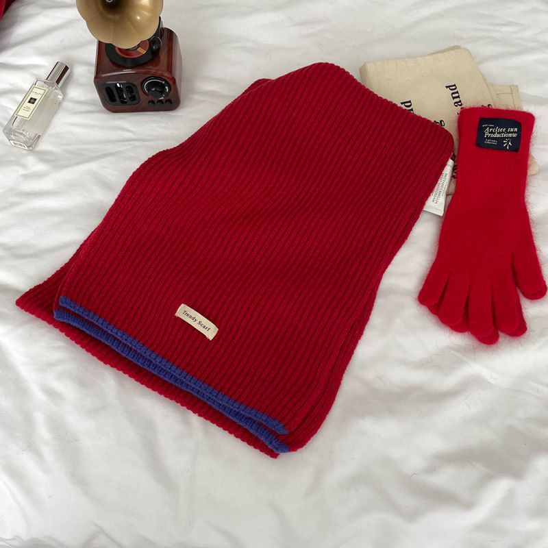 Fashion Trend Stitching Red Acrylic Knitted Patch Scarf