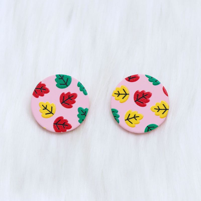 Fashion Leaves Pink Round Acrylic Printed Round Earrings