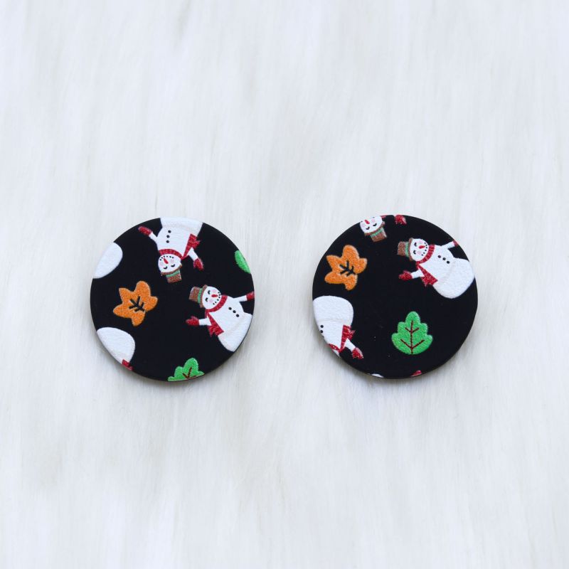 Fashion Snowman Black Round Acrylic Printed Round Earrings