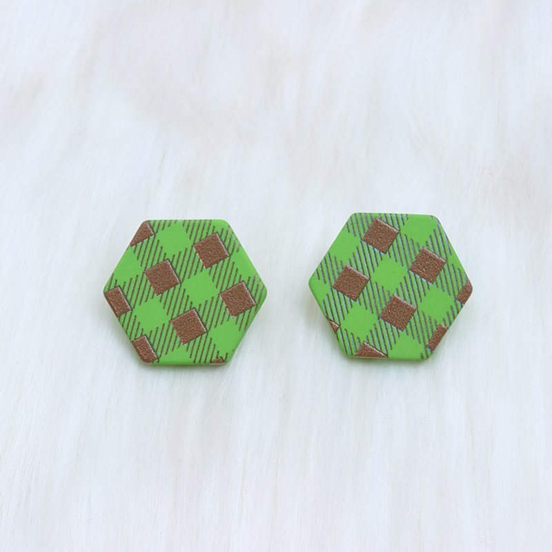 Fashion Green Grid Hexagon Acrylic Printed Hexagonal Stud Earrings