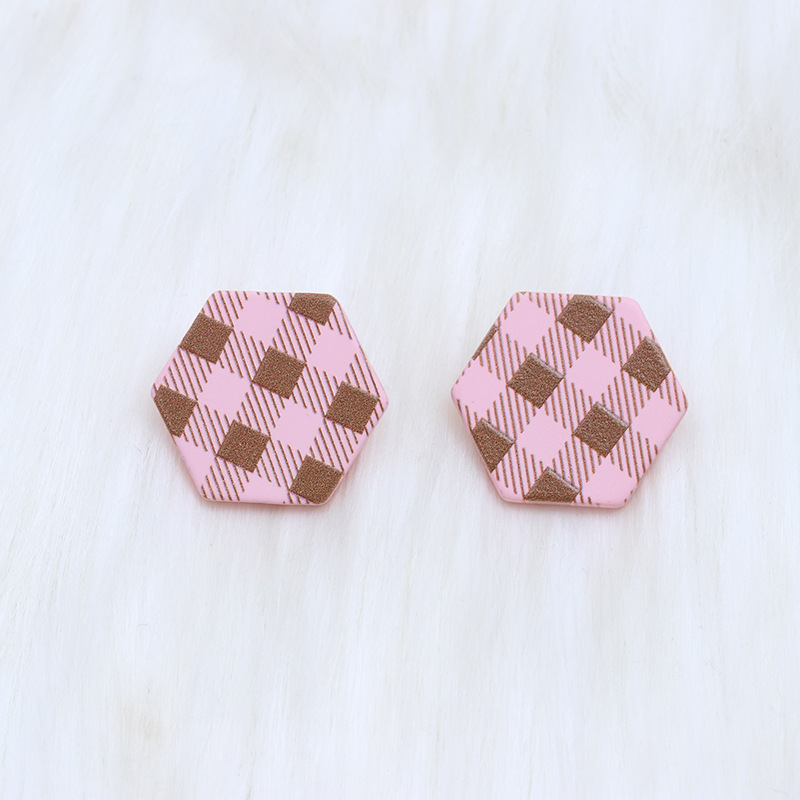Fashion Pink Grid Hexagon Acrylic Printed Hexagonal Stud Earrings